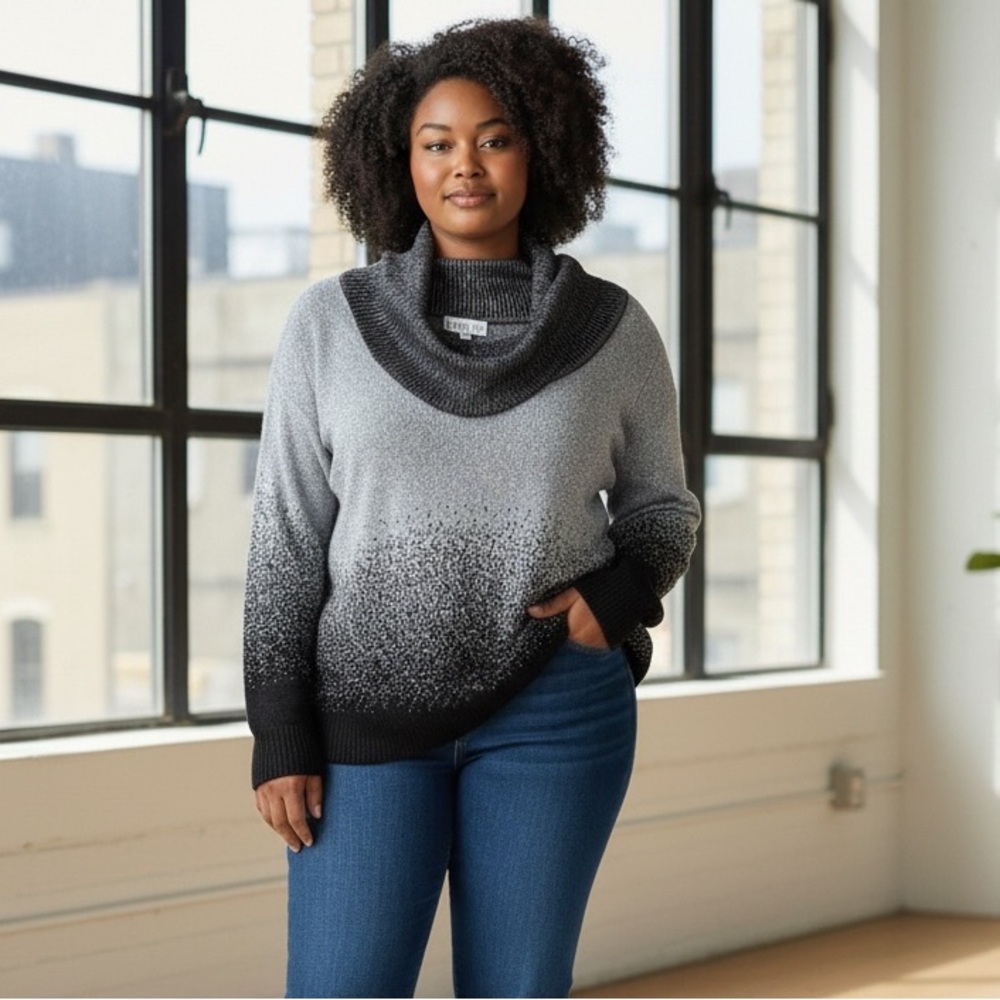 Birch NY‎ Sweater Black& Silver Cowl Neck Metallic Gradient in Size 2X  NWT